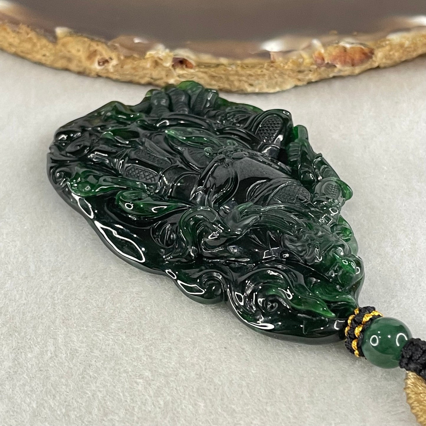Rare High End Grand Master Type A Full Green Jadeite Guan Gong with Scroll Pendant 48.01g 72.0 by 44.8 by 9.3mm