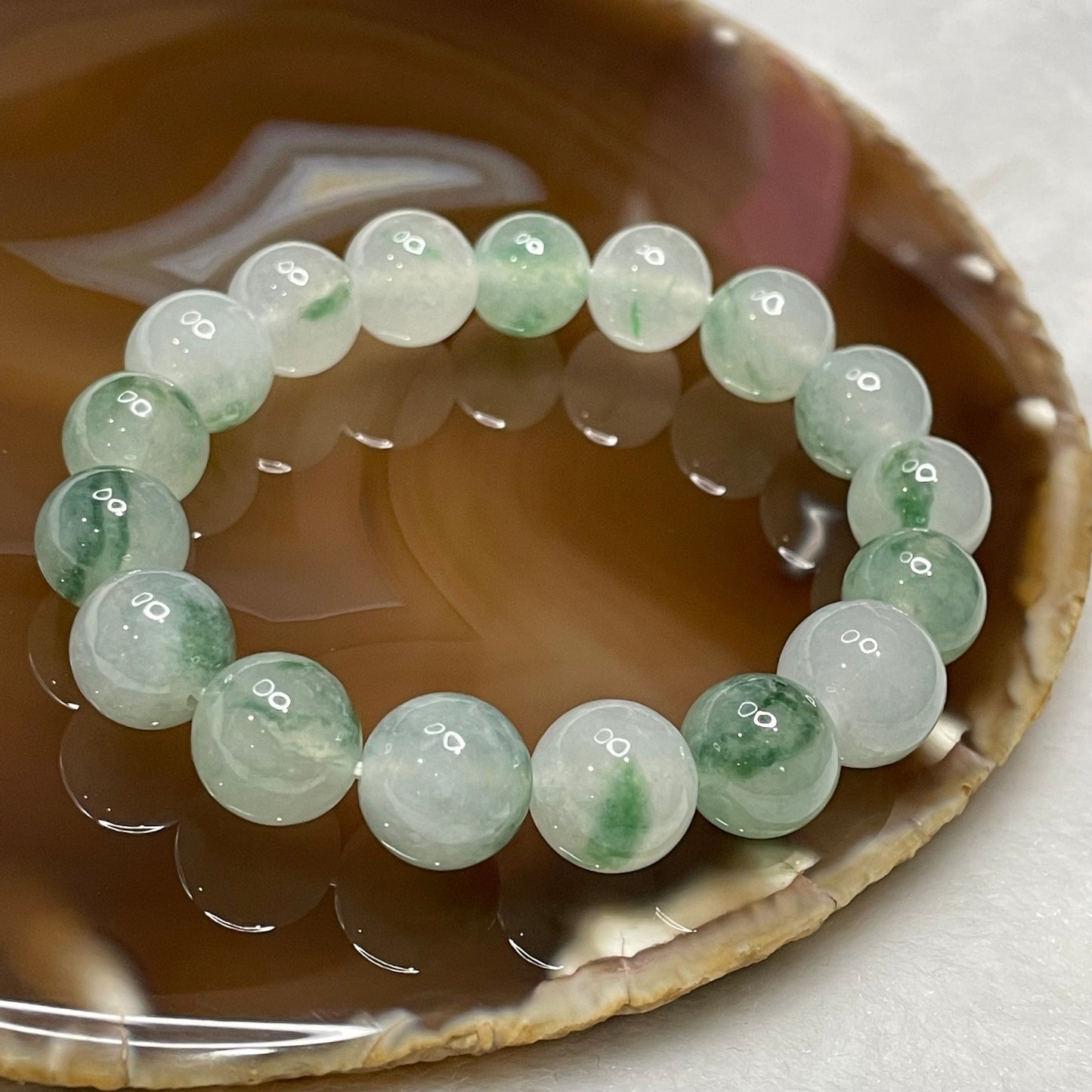 Type A Semi Icy Piao Hua Jade Jadeite Bracelet 40.74g 16cm 12.1mm bead 17 beads