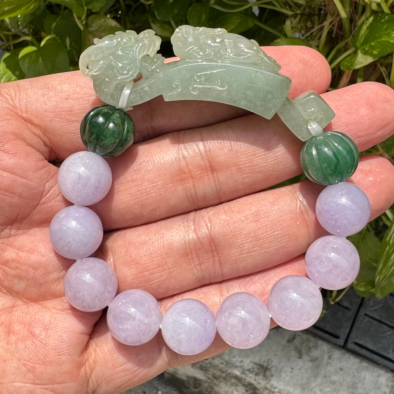 High End Type A Lavender and Green Jadeite Bracelet with Semi Icy Dragon and Pixiu Ruyi Charm 72.82g 13.4mm 11 Beads Charm Dimensions 63.3 by 14.3 by 18.4