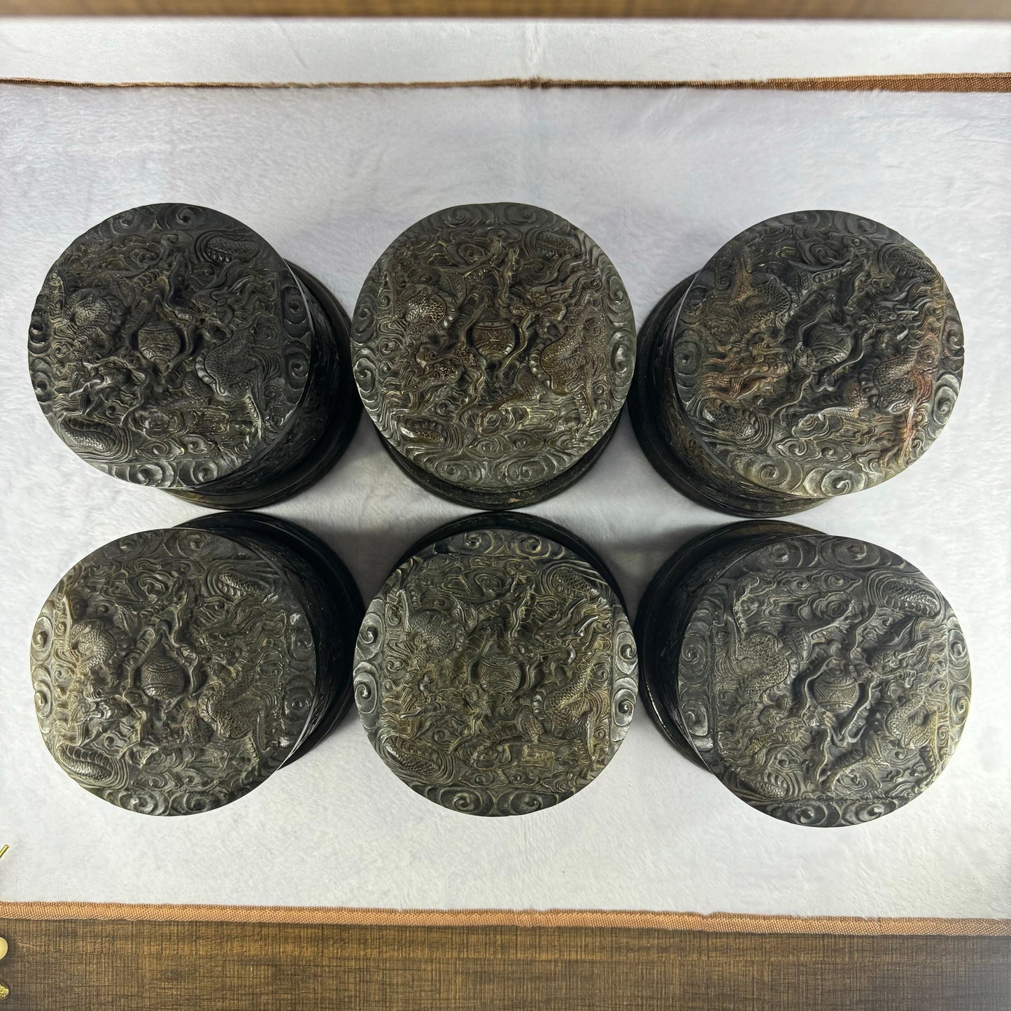 Super Rare Natural Nephrite Seal Set of 6 Double Dragons Seal with Flowers total weight 12,245.5g each about 2,060.7g 108.1 by 108.1 by 83.8mm