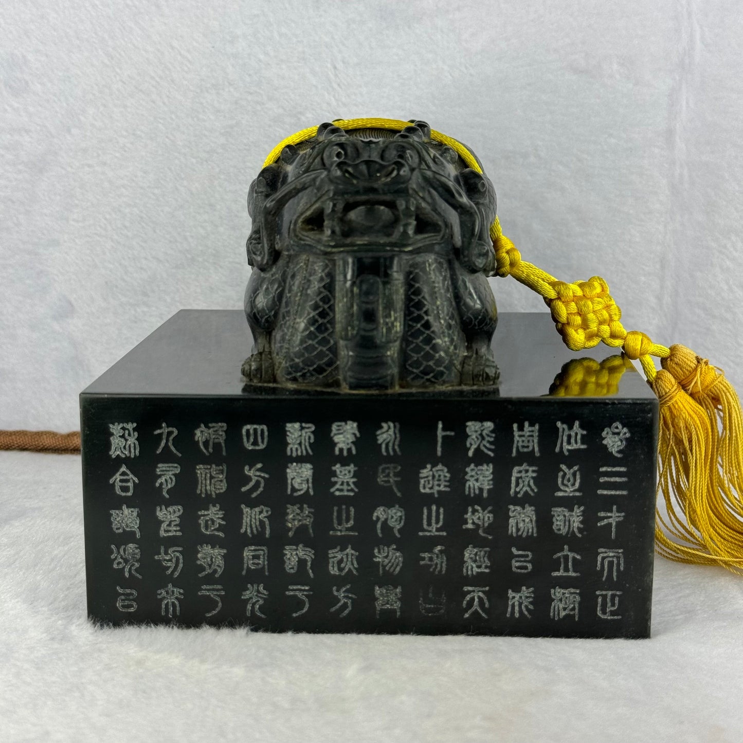 Rare Antique Natural Dark Green Nephrite Double Dragon Heads Seal 4,105.8g 134.8 by 134.3 by 120.0mm