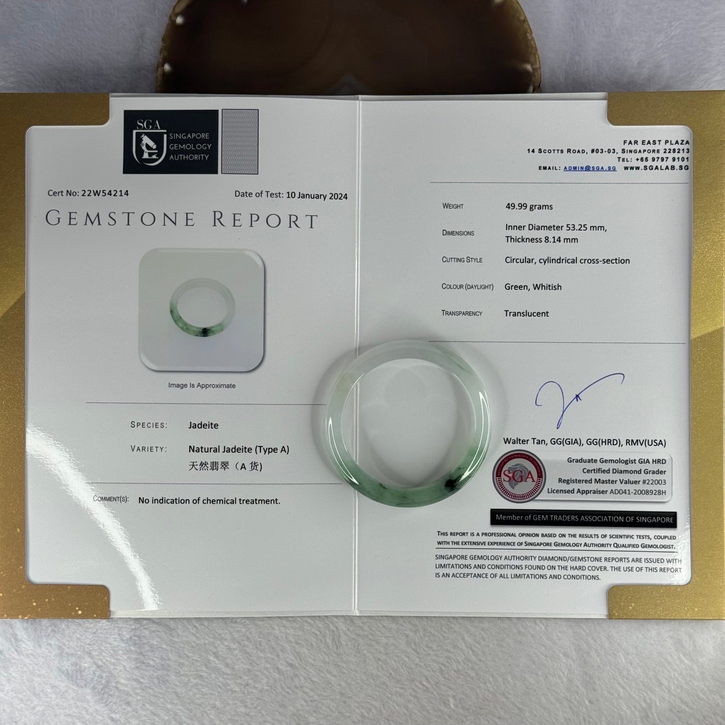 Type A Semi ICY Jelly Green Piao Hua with Lavender and Yellow Jadeite Bangle 49.99g Internal Diameter 53.25mm 11.9 by 8.14mm With SGA Singapore Gemology Authority Cert No 22W54214 (Internal Line)