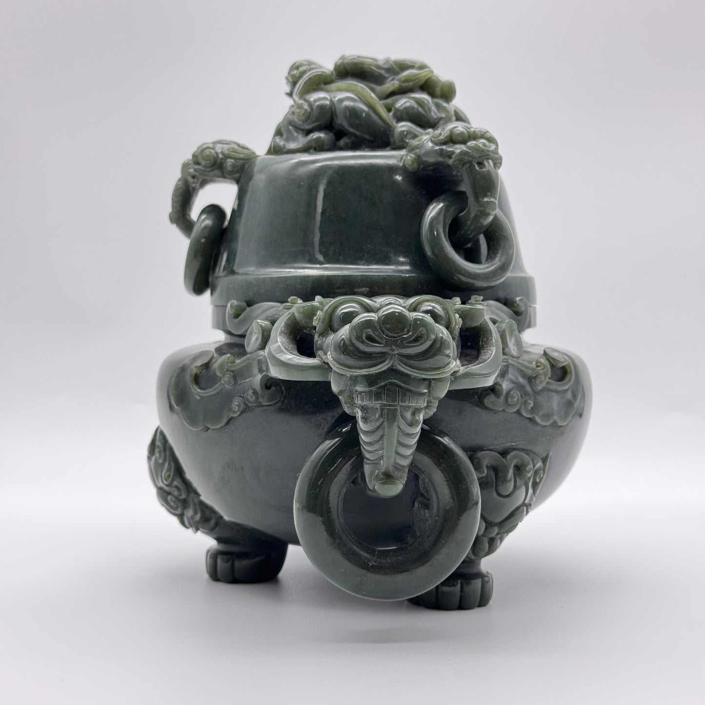 Rare Antique Natural Dark Green Nephrite Dragon Incense Burner 2.952,1g 245.0 by 160.0 by 185.5mm