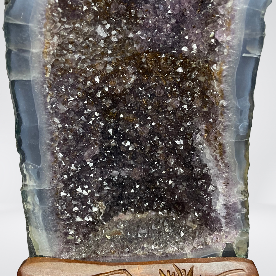 Special Natural Amethyst with Golden Rutile and Silver Particles Display Pair with Wooden Stand - 25.1kg