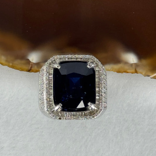 Natural Deep Blue Cushion Cut Thai Sapphire 蓝宝石 (heated) about 13.0ct 14.68 by 12.9 by 7.58mm in 18k 750 white gold and natural diamonds Ring 19.42g US9 HK20 Inner Dia 19.3mm with NGI Cert