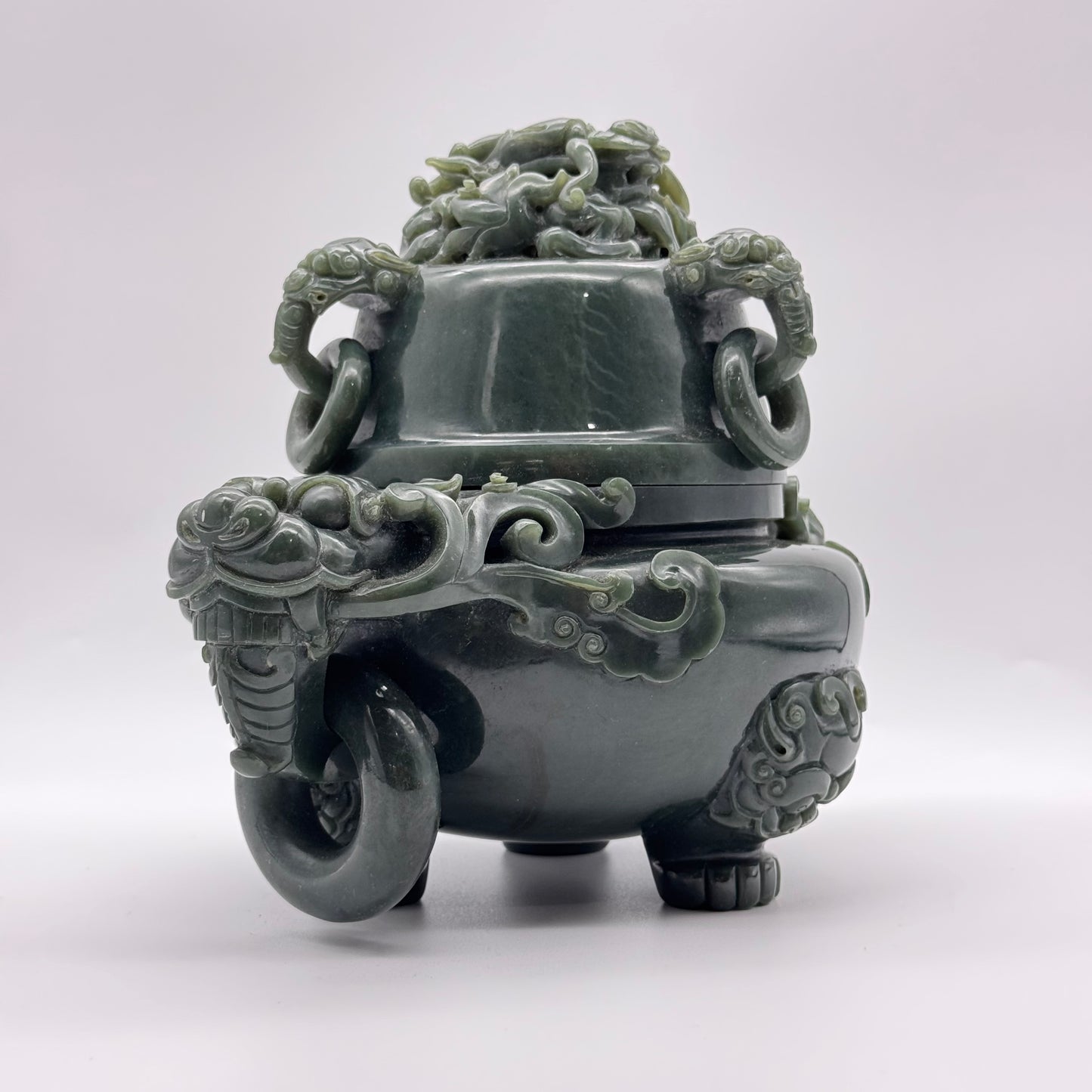 Rare Antique Natural Dark Green Nephrite Dragon Incense Burner 2.952,1g 245.0 by 160.0 by 185.5mm