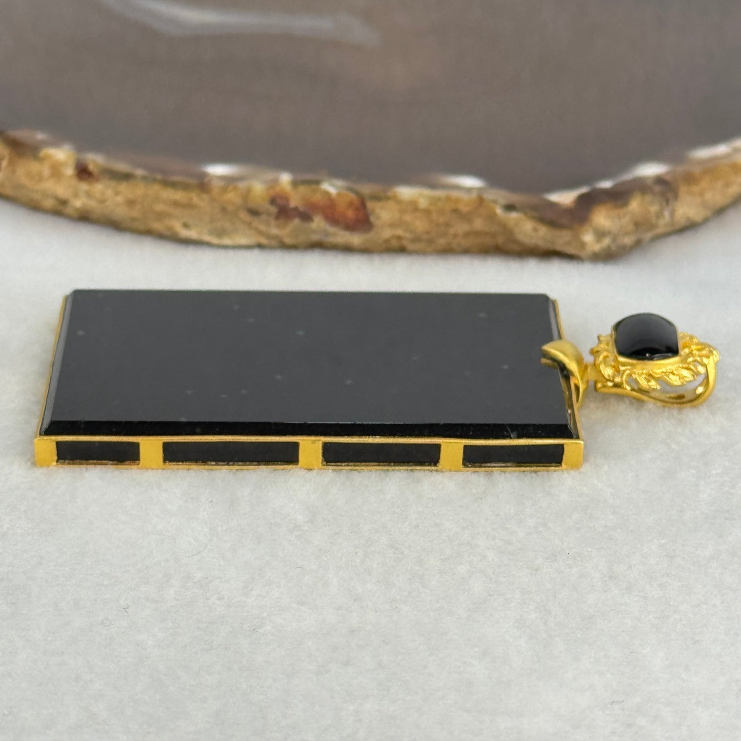 18k Yellow Gold Rare High Grade Fully Translucent Type A Black Jadeite Rectangle Wu Shi Pai Pendant 45.38g 61.8 by 41.2 by 4.8mm