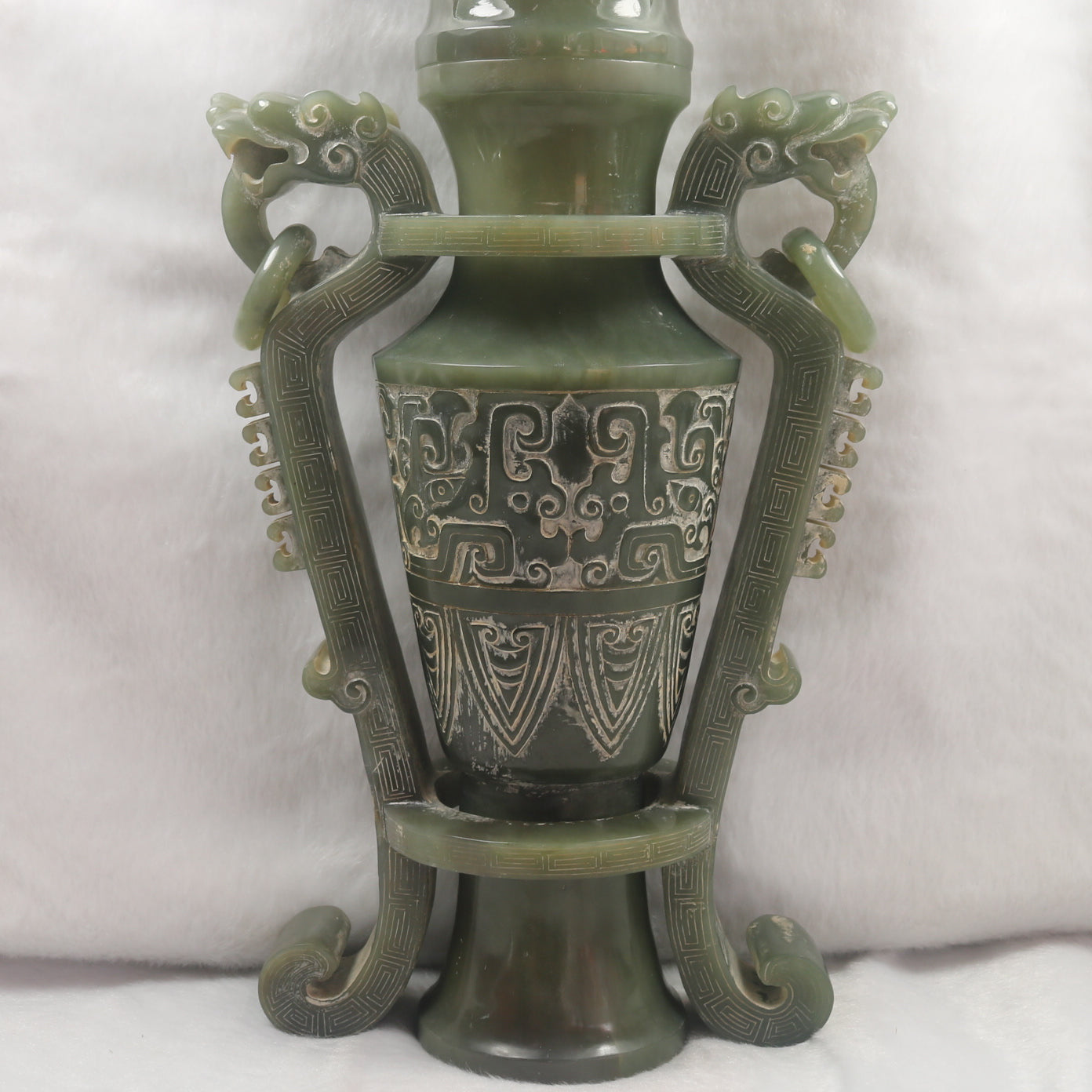 Rare Antique Natural Green Nephrite Vase with Double Dragon Display 2,035.4g 162.0 by 90.0 by 315.0m