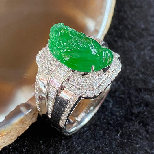 Rare Type A Burmese High End Jade Jadeite Chan Chu aka 3 Legged Frog Ring 18K White Gold & Diamonds - 14.99g US9.45 HK22 with NGI Cert