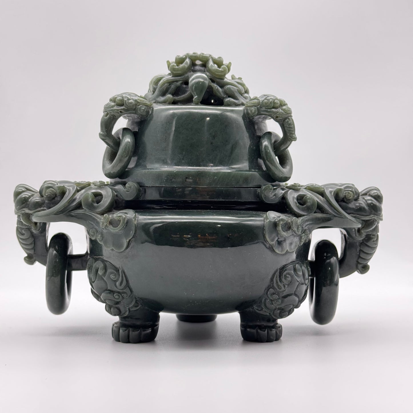 Rare Antique Natural Dark Green Nephrite Dragon Incense Burner 2.952,1g 245.0 by 160.0 by 185.5mm