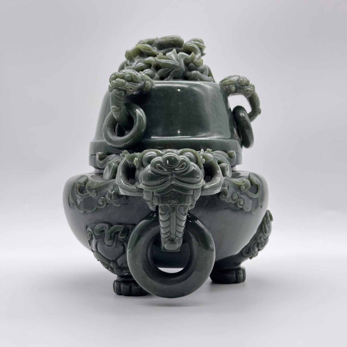 Rare Antique Natural Dark Green Nephrite Dragon Incense Burner 2.952,1g 245.0 by 160.0 by 185.5mm