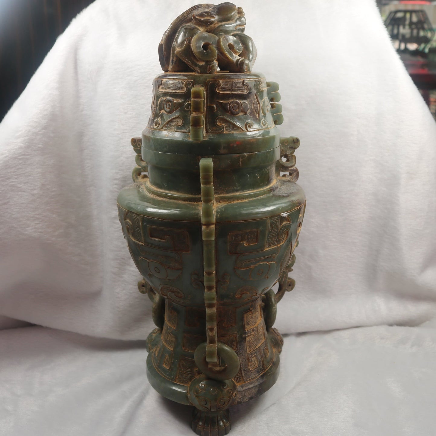 Rare Antique Natural Green with Brown Patches Nephrite Pixiu Vase 3,113.3g 148.0 by 160.0 by 335.0mm