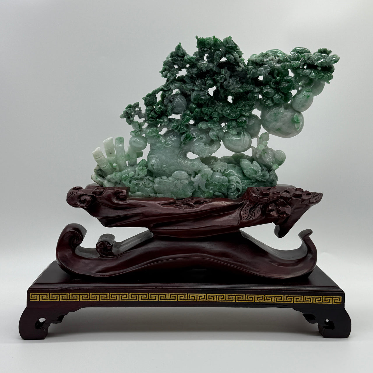 Certified Type A Light Green with Old Mine Spicy Green and Apple Green Patches Jadeite Tree with Twin Birds and Bamboo Display 1260g 24.0 by 2.8 by 16.0cm with wooden stand 2935g 31.0 by 10.0 by 28.0cm
