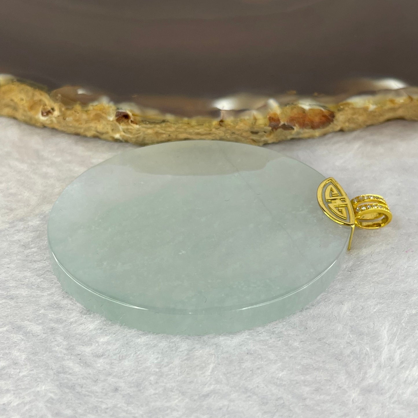 High Icy Type A Sky Blue Jadeite Wu Shi Pai 无事牌 18k Pendant with Diamonds 29.39g 50.8 by 43.9 by 4.9mm