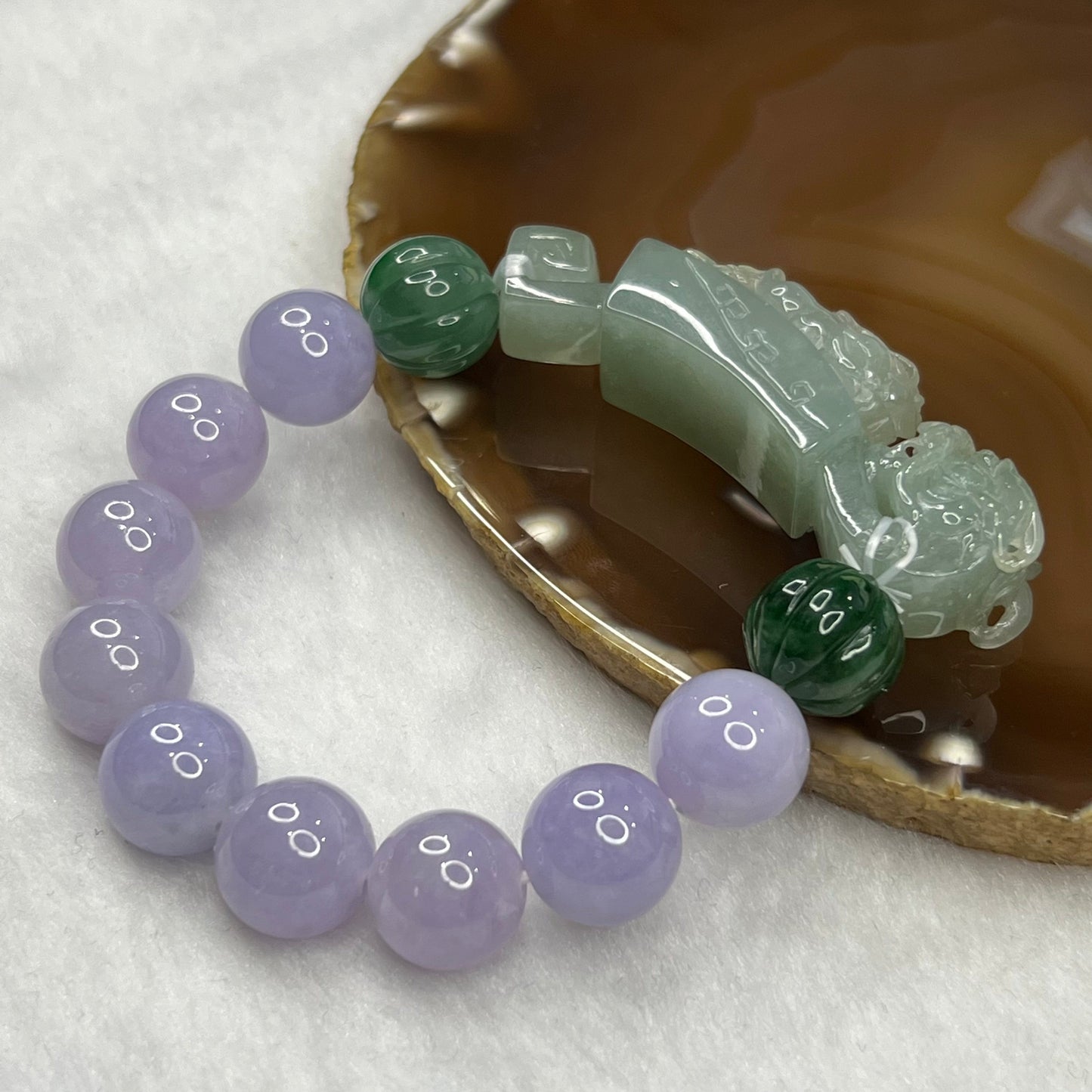 High End Type A Lavender and Green Jadeite Bracelet with Semi Icy Dragon and Pixiu Ruyi Charm 72.82g 13.4mm 11 Beads Charm Dimensions 63.3 by 14.3 by 18.4