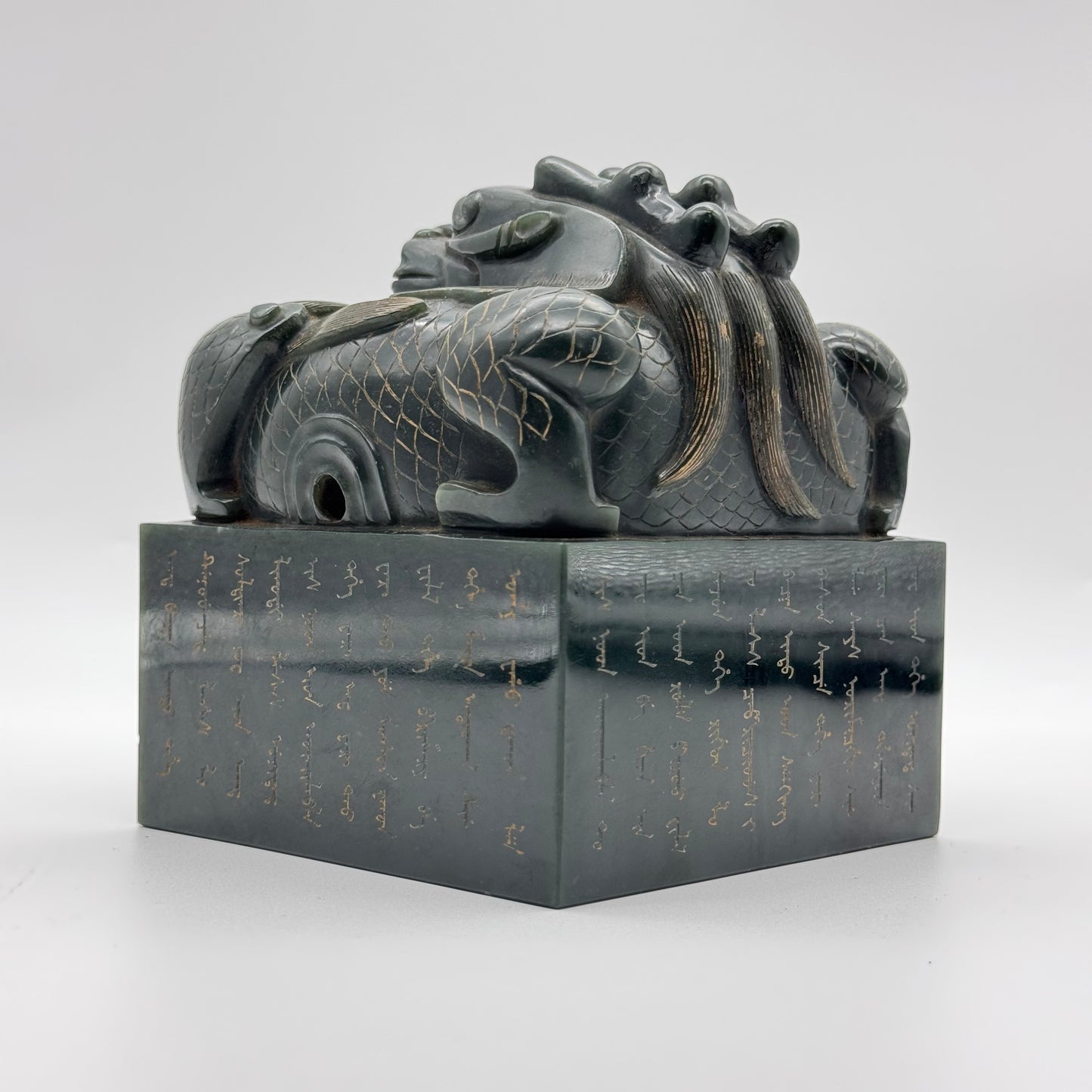 Rare Antique Natural Dark Green Nephrite Dragon Seal 3,120.1g 106.0 by 106.0 by 120.0mm with Wooden Box 4,254.4g 165.0 by 165.0 by 195.0mm