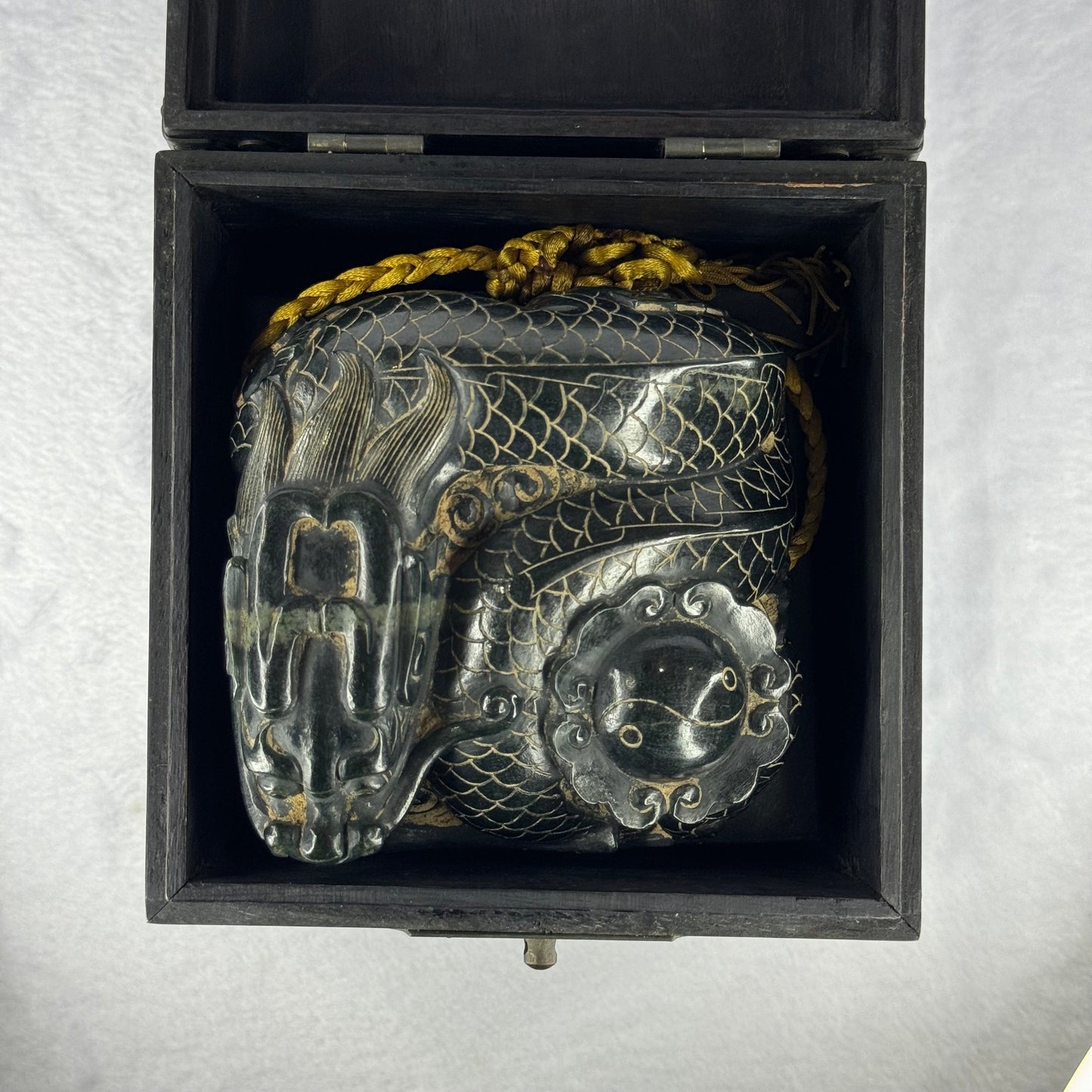 Rare Antique Natural Dark Green Nephrite Dragon with Ying Yang Flower Seal 2,868.7g 108.7 by 107.5 by 104.0mm with Wooden Box Total 3,975.9g 146.7 by 147.1 by 190.0mm