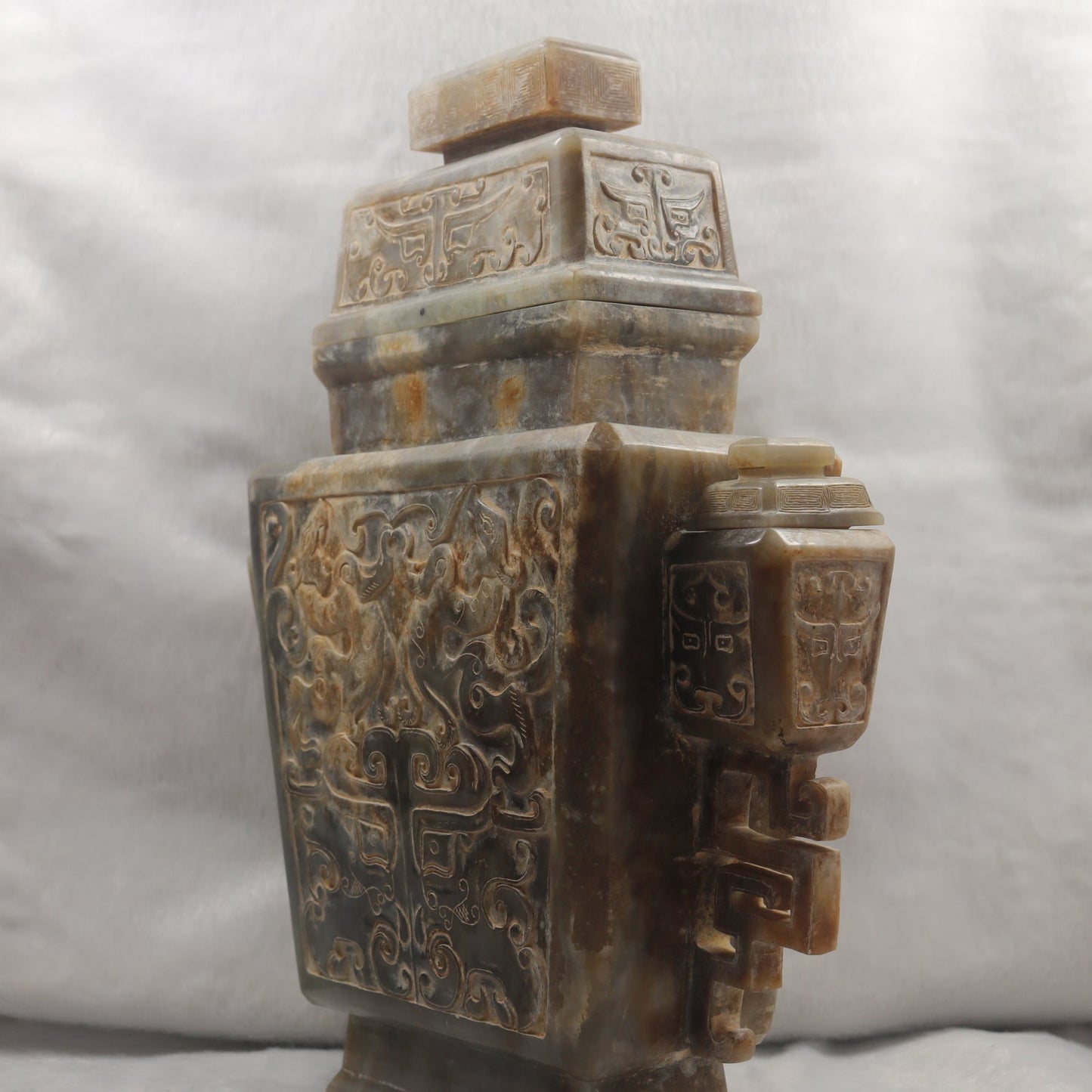 Rare Antique Natural Grey with Yellow White Patches Nephrite Double Pixiu Vase 3,014.3g 225.0 by 83.0 by 280.0mm