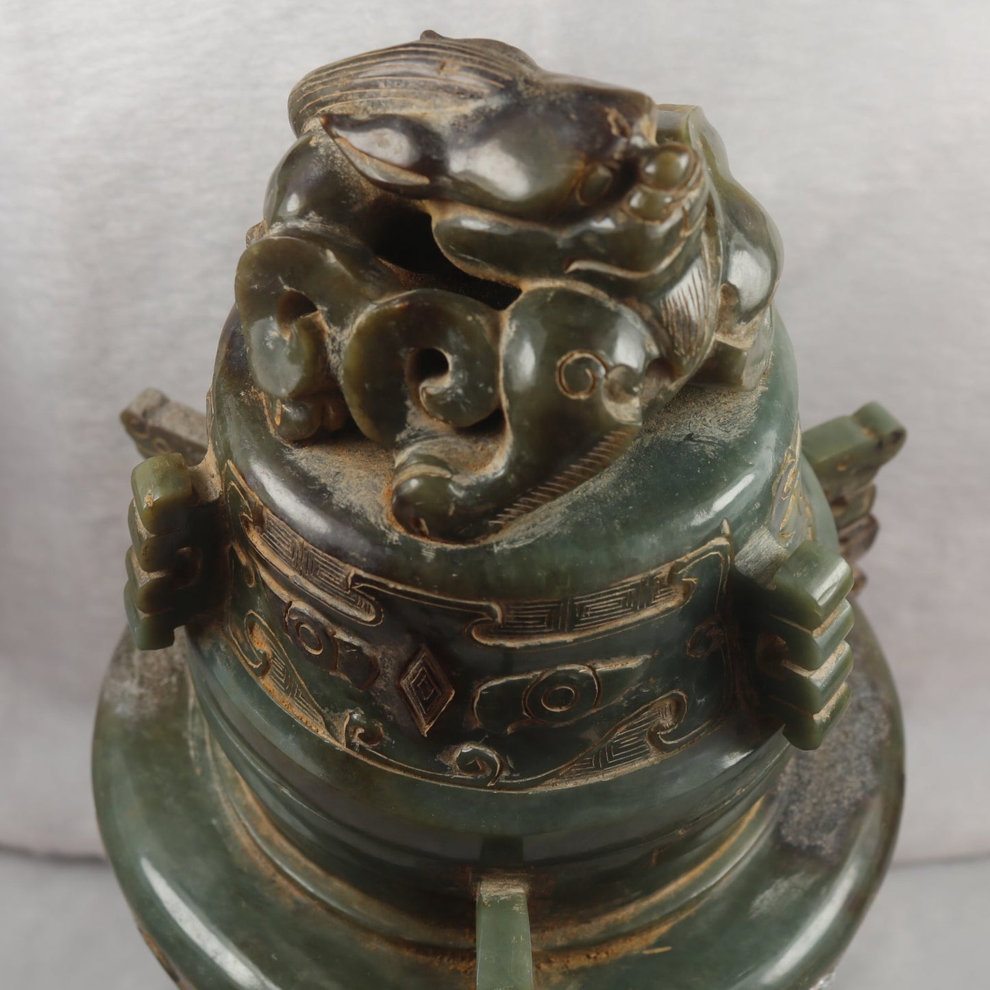 Rare Antique Natural Green with Brown Patches Nephrite Pixiu Vase 3,113.3g 148.0 by 160.0 by 335.0mm