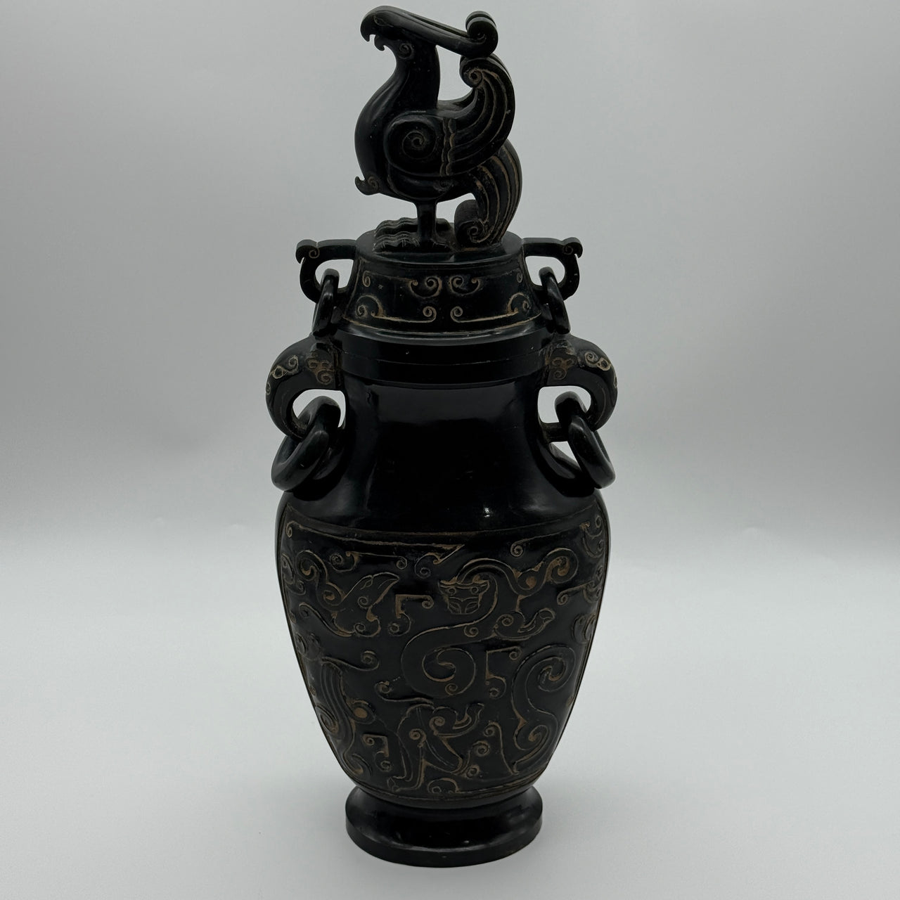 Rare Antique Natural Old Mine Dark Green Nephrite Dragon Phoenix Bird Vase 2,047.6g 145.0 by 90.0 by 360.0mm