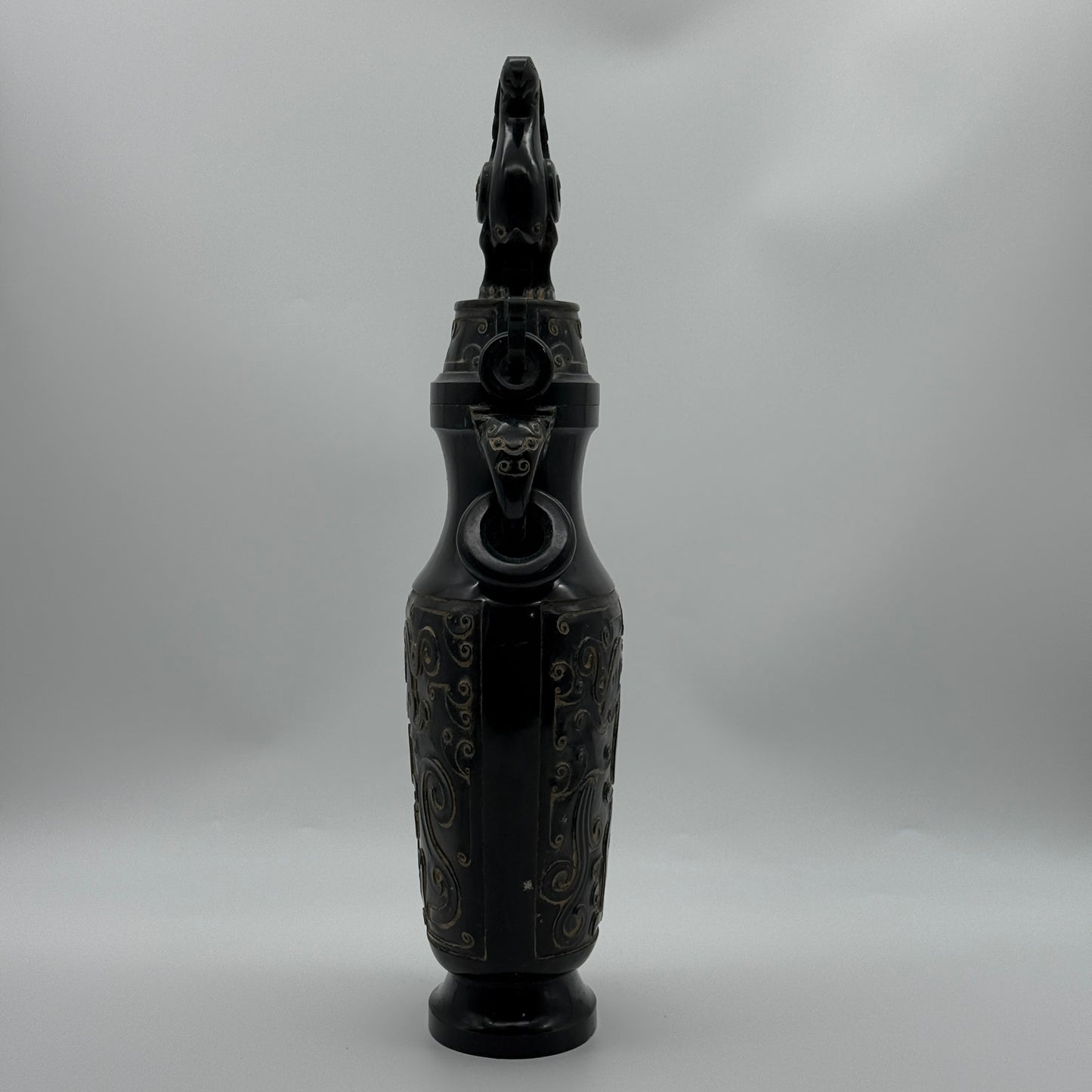 Rare Antique Natural Dark Green Nephrite Dragon Phoenix Bird Vase 2,047.6g 145.0 by 90.0 by 360.0mm