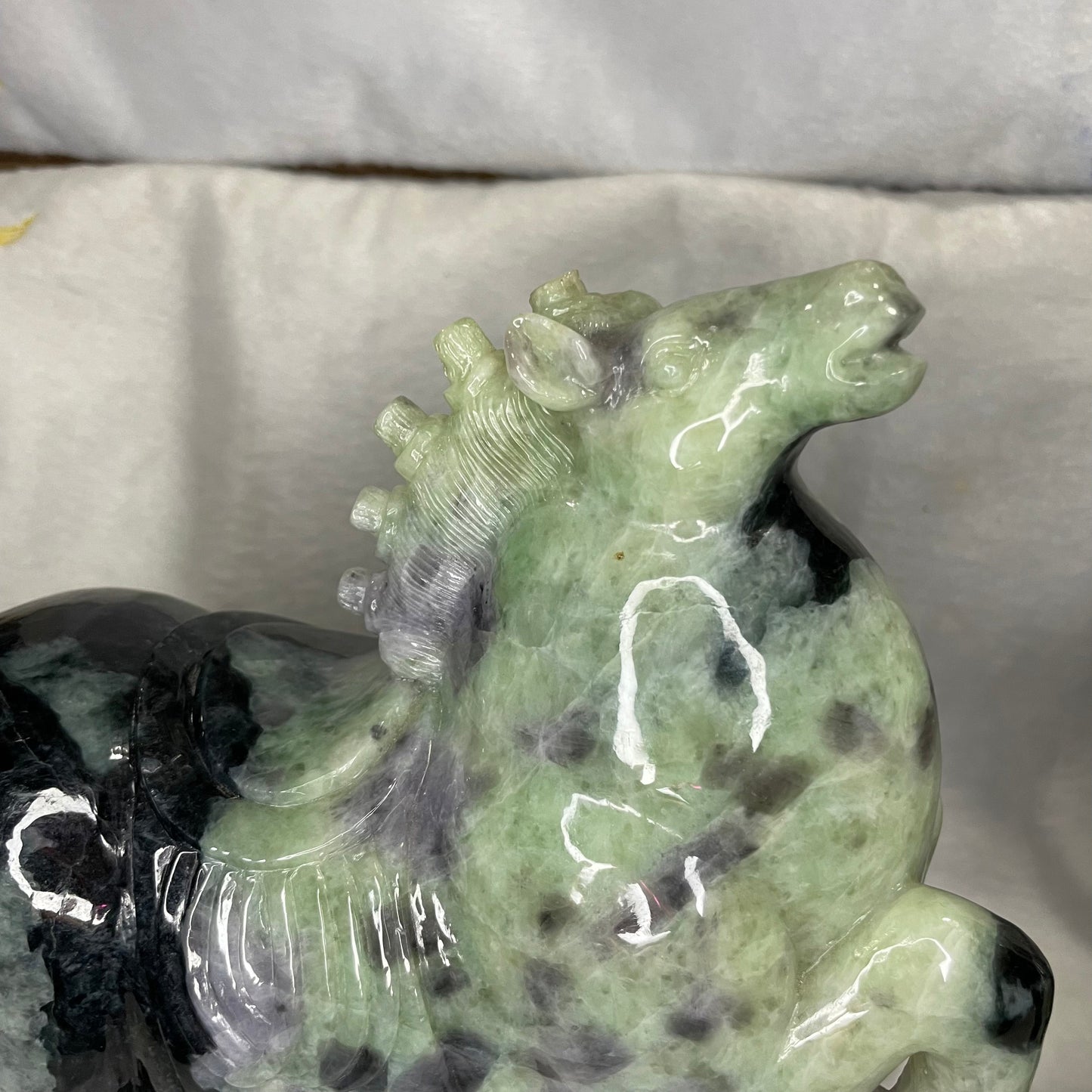 Type A Green with Lavender Jadeite Pair of Horses 马到成功 马上成功 马上发财 with Wooden Stand Display Piece - 9.53kg Dimensions with Stand: 30 by 28 by 12cm Jade Dimensions: 28 by 24 by 9cm