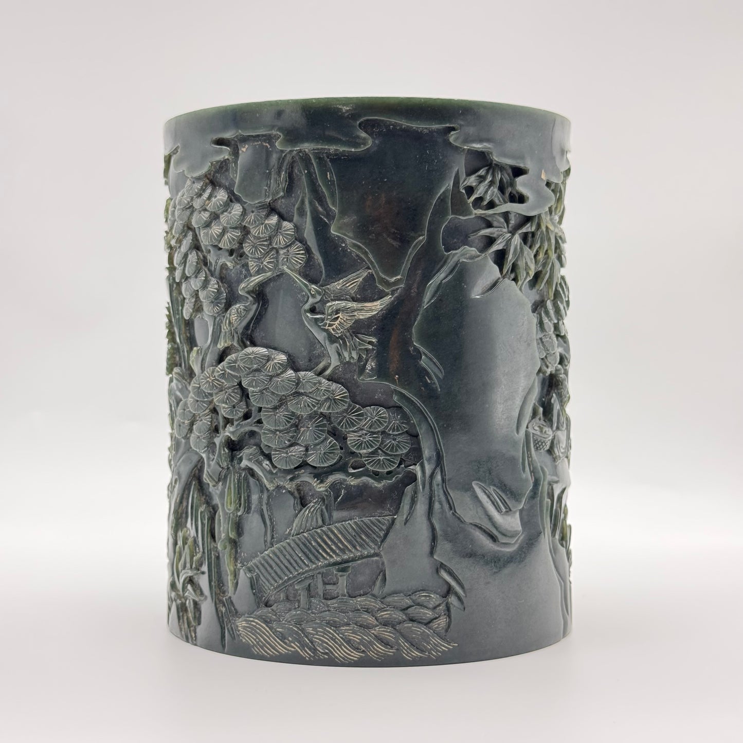 Rare Antique Natural Dark Green Nephrite Shan Shui Brush Pot with Gui Ren Display 1,467.0g 116.5 by 116.8 by 142.9mm with NGI Cert 82812380