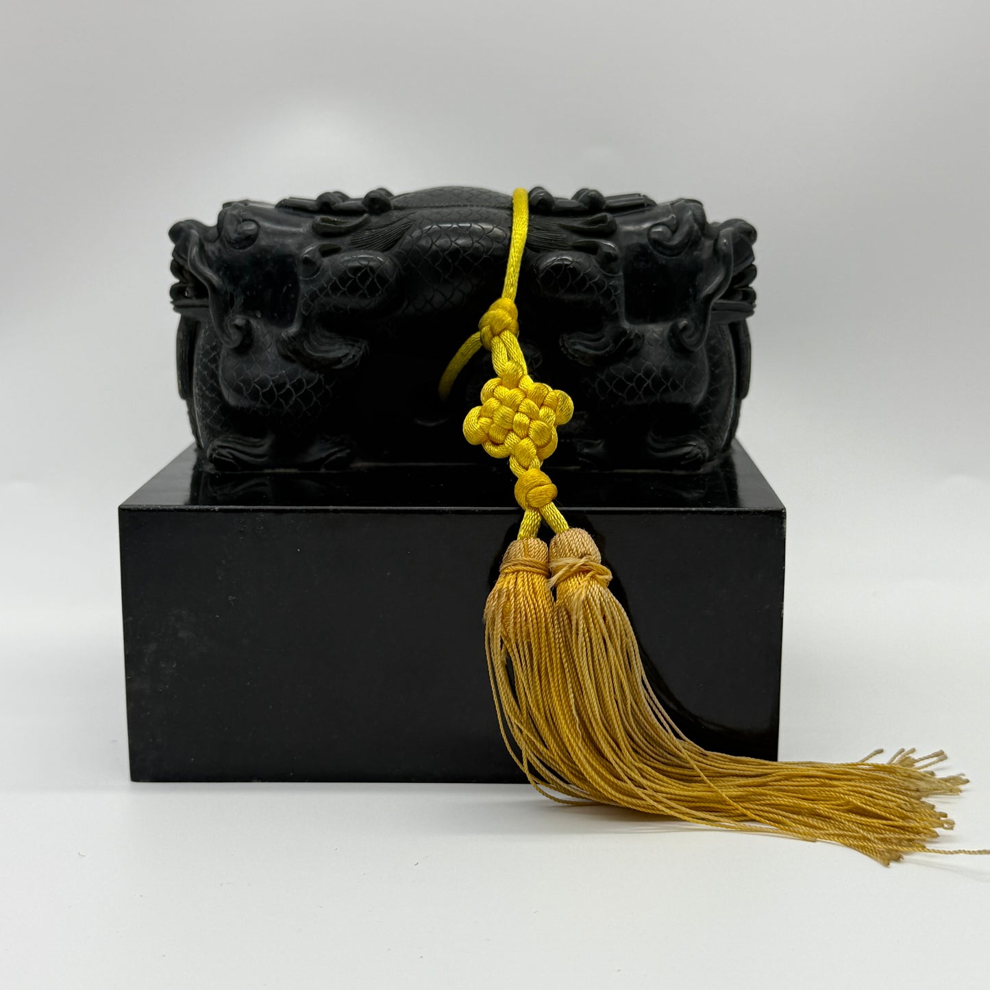 Rare Antique Natural Dark Green Nephrite Double Dragon Heads Seal 4,105.8g 134.8 by 134.3 by 120.0mm