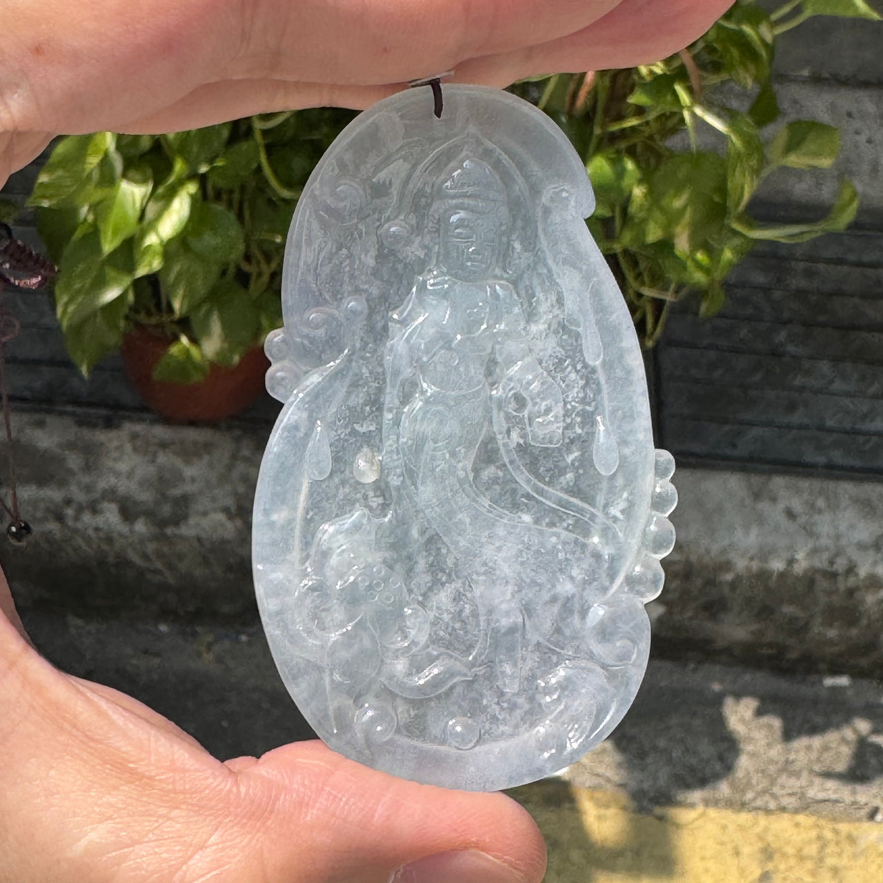 High End Type A Burmese Icy Lavender Jade Jadeite Feng Shui Guan Yin Religion Pendant 39.76g 78.4mm by 47.5 mm by 4.6 mm