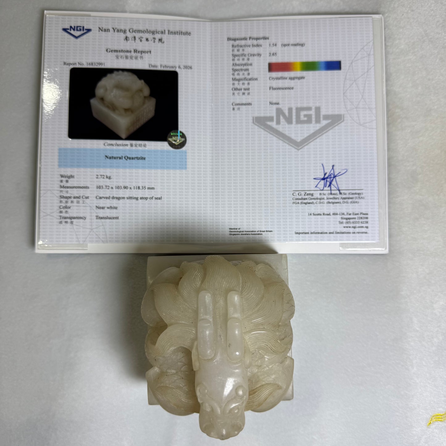 Antique Highly Translucent Near White Natural Quartzite Dragon Seal 2,720g 103.72 by 103.90 by 118.35mm with Old Zitan Box Total 3,202.8g 136.8 by 137.2 by 168.0mm with NGI Cert