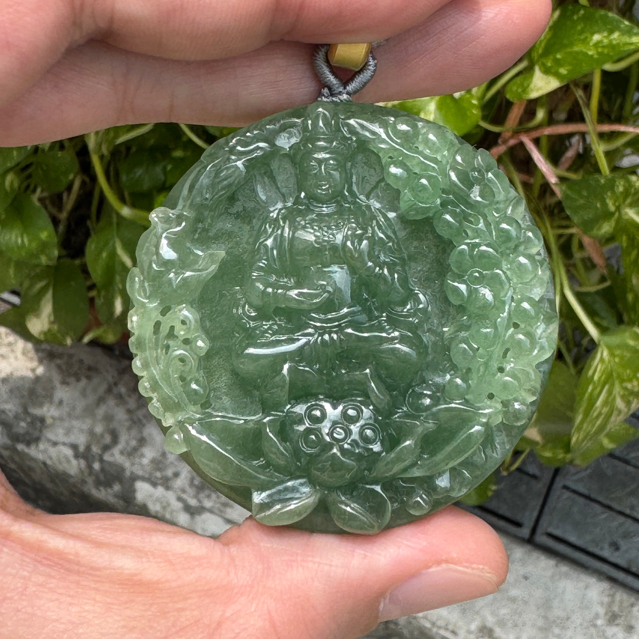 Golden Award Grand Master Type A Semi Icy Intense Green Jadeite Guan Yin on Lotus with Flowers 花开富贵观音 Pendant 62.02g 53.0 by 11.2mm