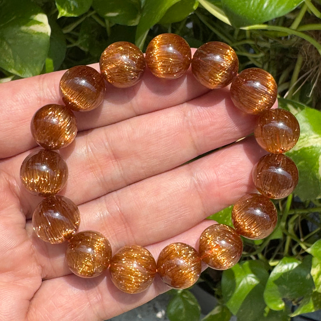 NGI Certified The Golden Harvest | Rare Collector’s Grade "Full Shun Fa" Copper Rutilated Quartz Bracelet 54.10g 16cm 13.8mm 15 Beads